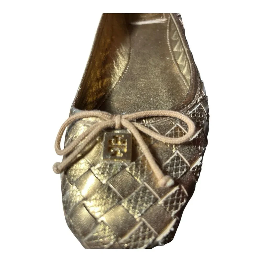 Tory Burch Prescot Womens Ballet Flats Gold Woven Leather Metallic Size 8.5 M